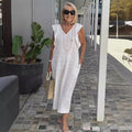 Vestido Midi Elegante de Verão Decote V em Linho Isadora