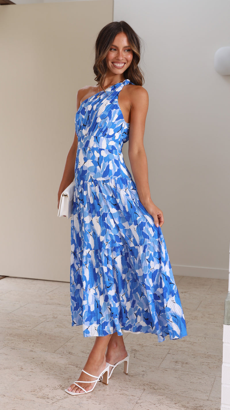 Vestido Midi Estampado de Um Ombro Só com Saia Plissada Jayme