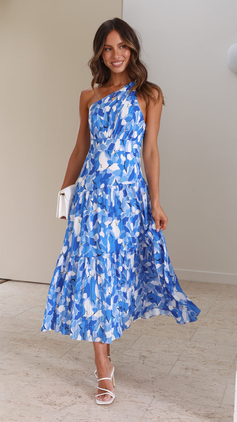 Vestido Midi Estampado de Um Ombro Só com Saia Plissada Jayme