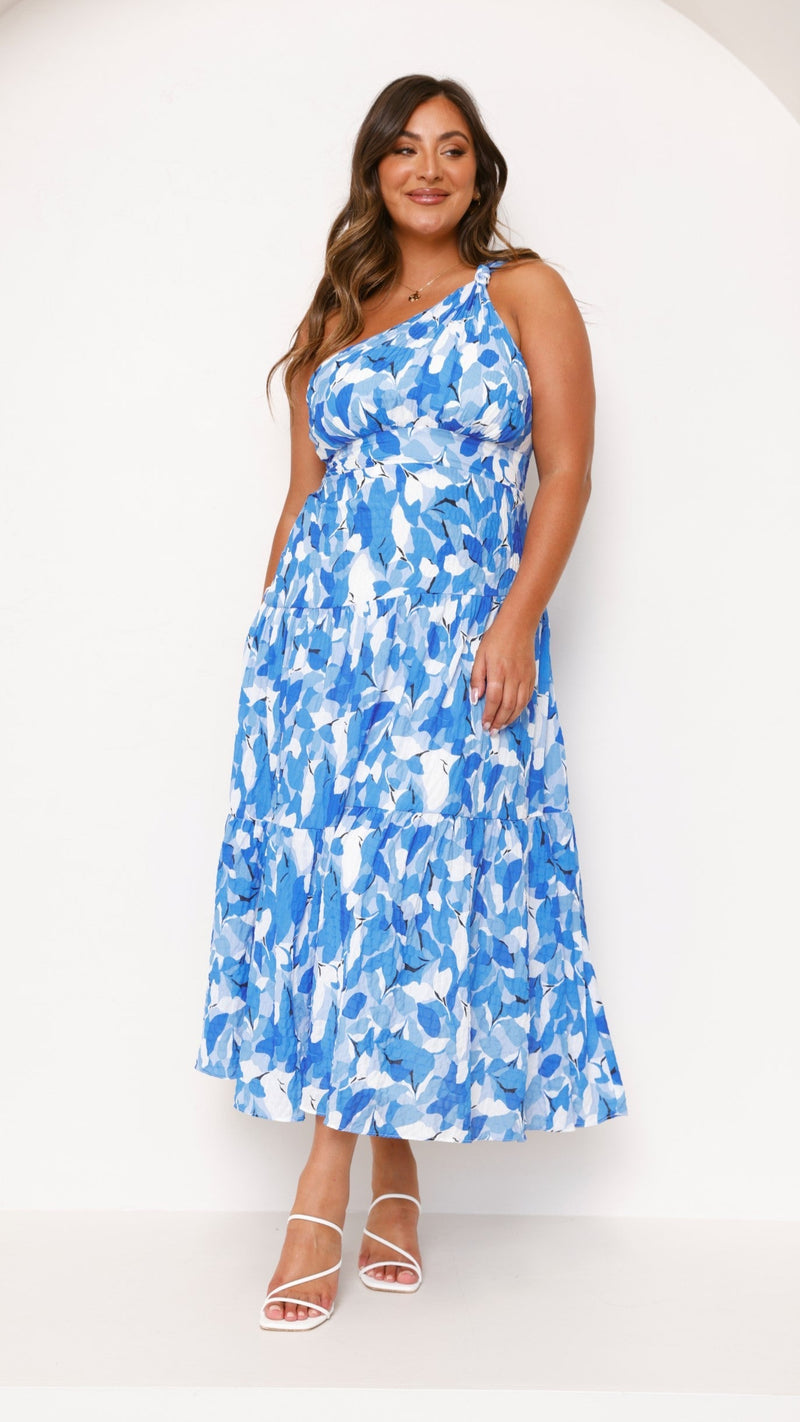 Vestido Midi Estampado de Um Ombro Só com Saia Plissada Jayme