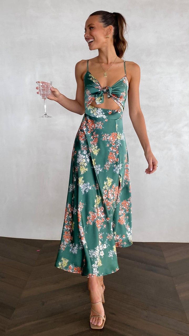 Vestido Midi Floral com Laço no Busto e Recorte na Cintura Camila