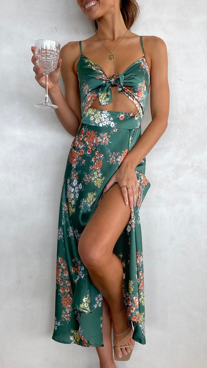 Vestido Midi Floral com Laço no Busto e Recorte na Cintura Camila
