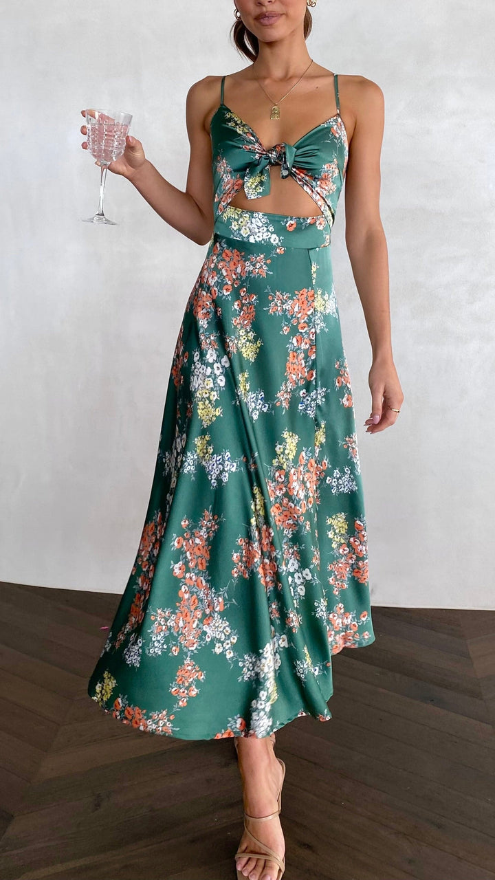 Vestido Midi Floral com Laço no Busto e Recorte na Cintura Camila